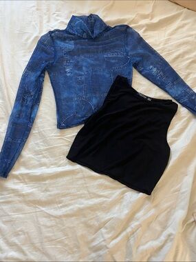 Blue Printed Mesh Long-Sleeve Turtleneck  Mid Crop Top and Black Crop Undershirt